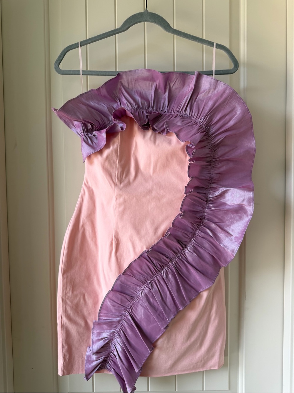 Pink Strapless Mini Dress with Lavender Ruffle Detail